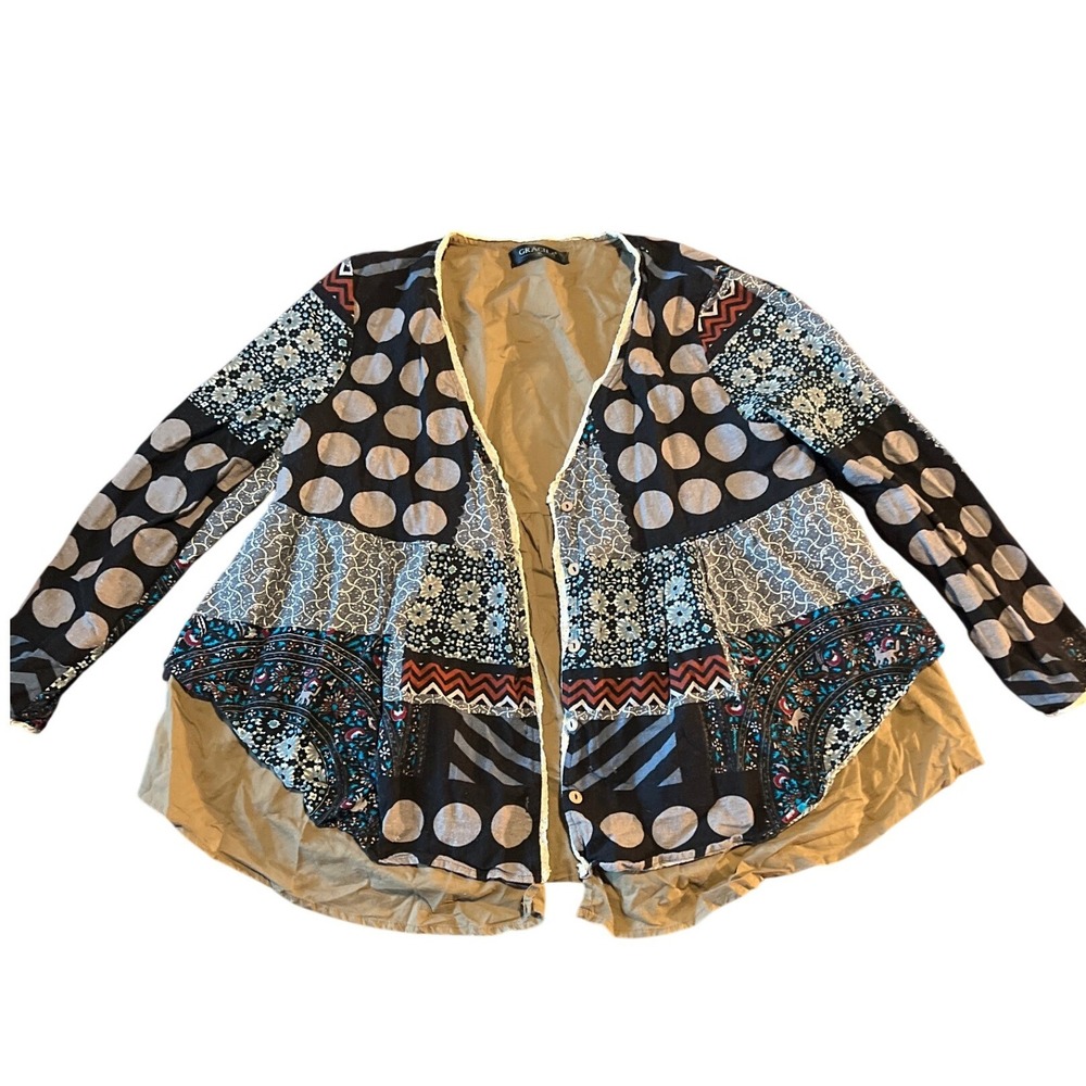Gracila Patchwork Cotton Cardigan XL Mixed Media‎ Boho Polka Dot Paisley Top